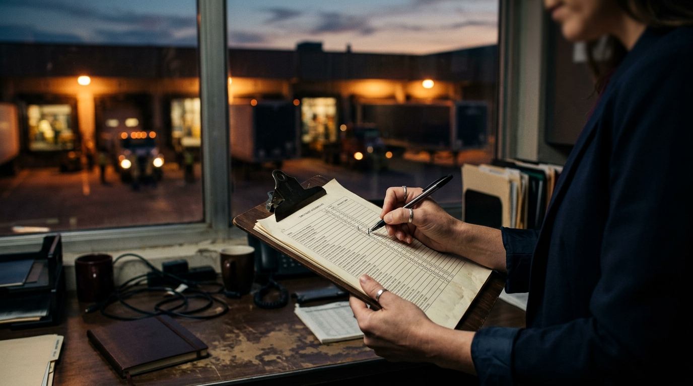 Consultant completing a technology assessment checklist in a freight terminal dock office at dusk