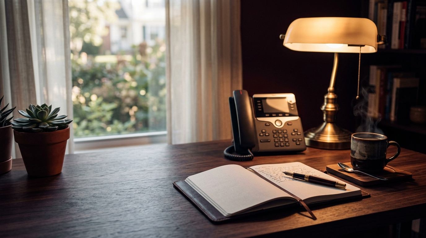 Desk with a phone, an open notebook, a fountain pen and a cup of coffee, ready for a conversation