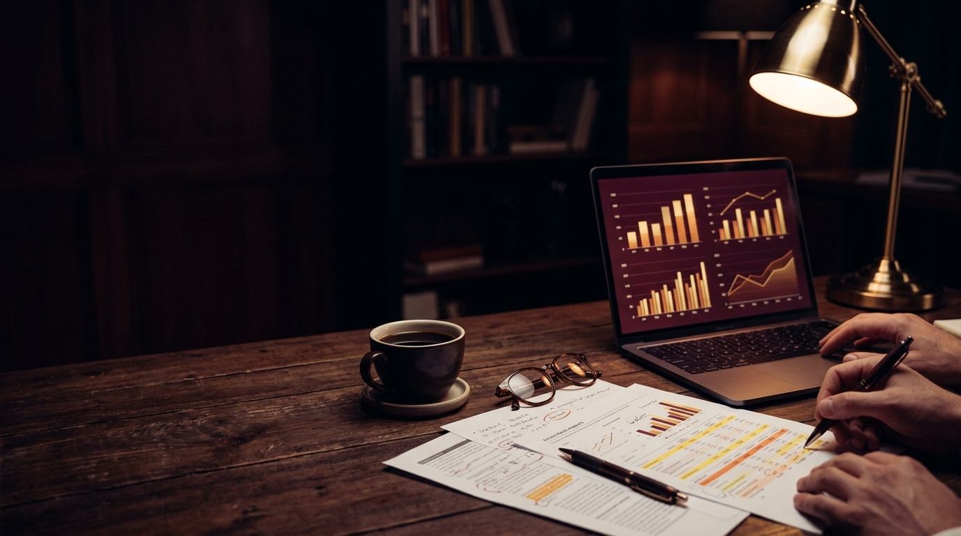 Analyst desk with freight performance charts on a laptop and highlighted printed reports under a brass lamp