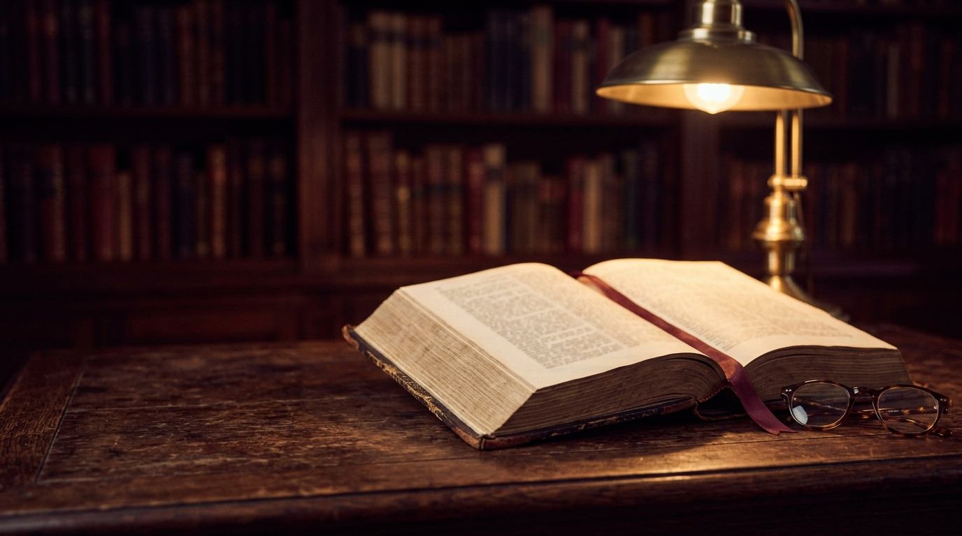 Open leather-bound reference book under a brass lamp in a library