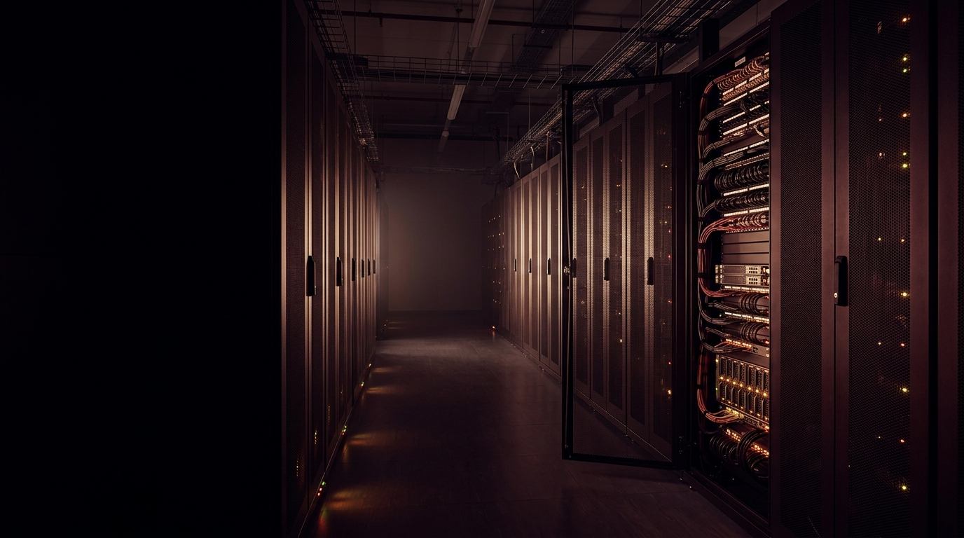 Clean, well-organized server room aisle with neatly cabled racks and glowing status lights