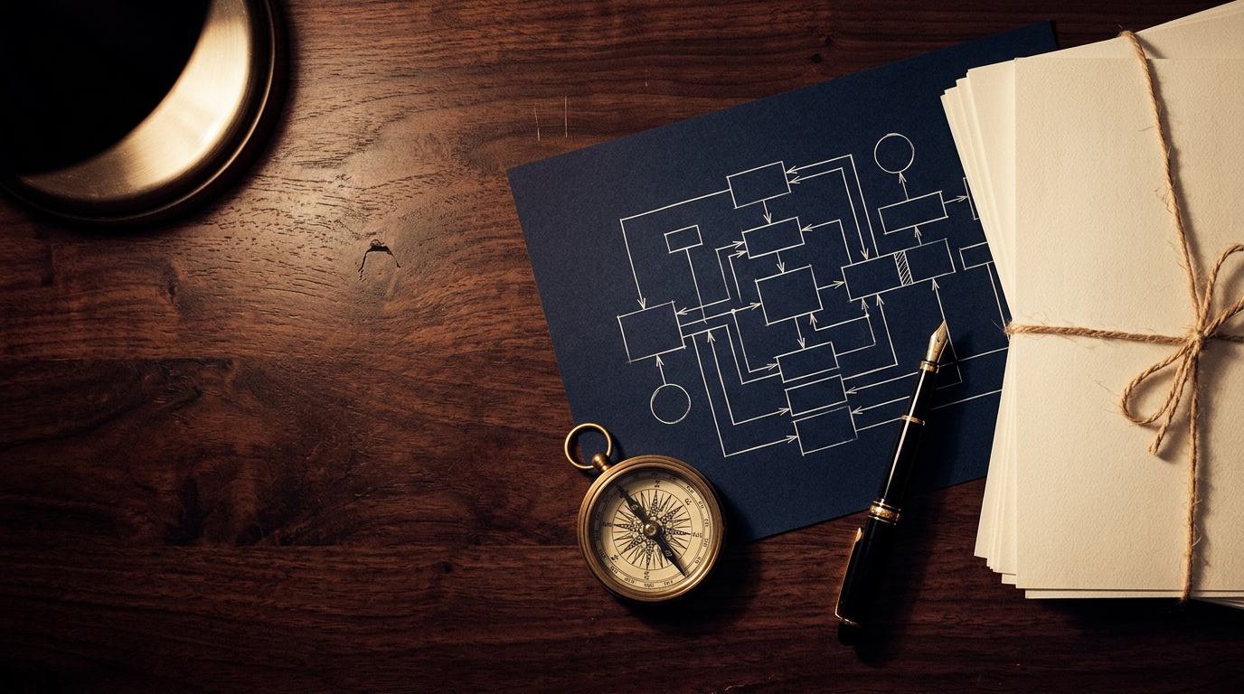 Systems diagram blueprint, brass compass and fountain pen on a walnut desk