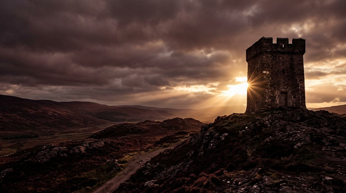 Stone watchtower on a hilltop at dawn with light breaking through the clouds, a picture of the strong tower in Proverbs 18:10